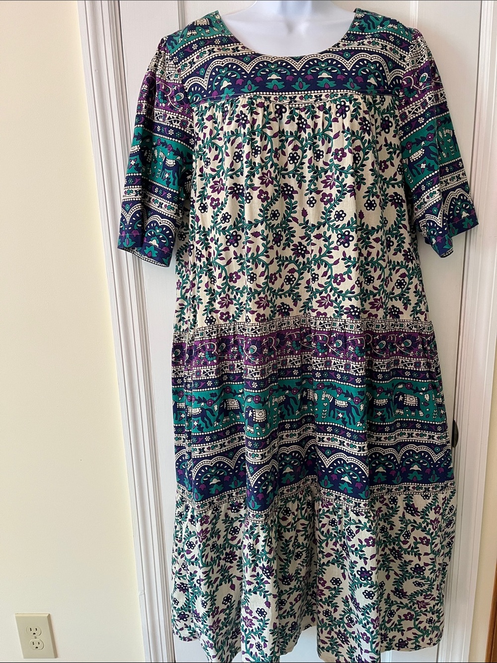 Cotton Tiered Muumuu Dress Long Pockets Womens Large Floral Elephant Print Boho - Picture 3 of 16